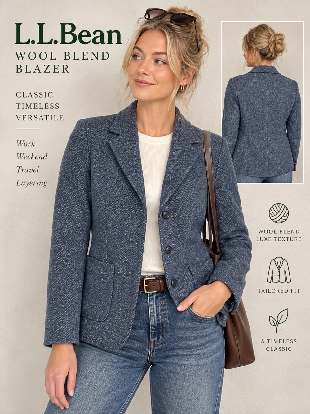 L.L.Bean Women’s Wool Blend Herringbone Blazer Blue 3 Button Preppy Size M Reg